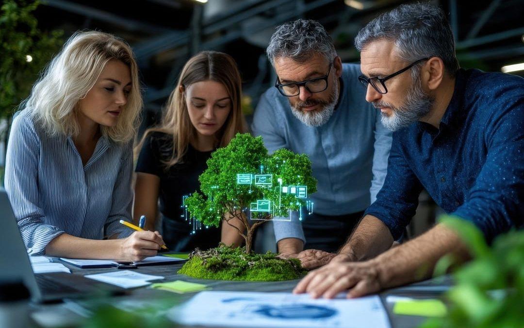 Quatro profissionais observam um modelo de árvore com elementos digitais flutuando, simbolizando sustentabilidade integrada à tecnologia.