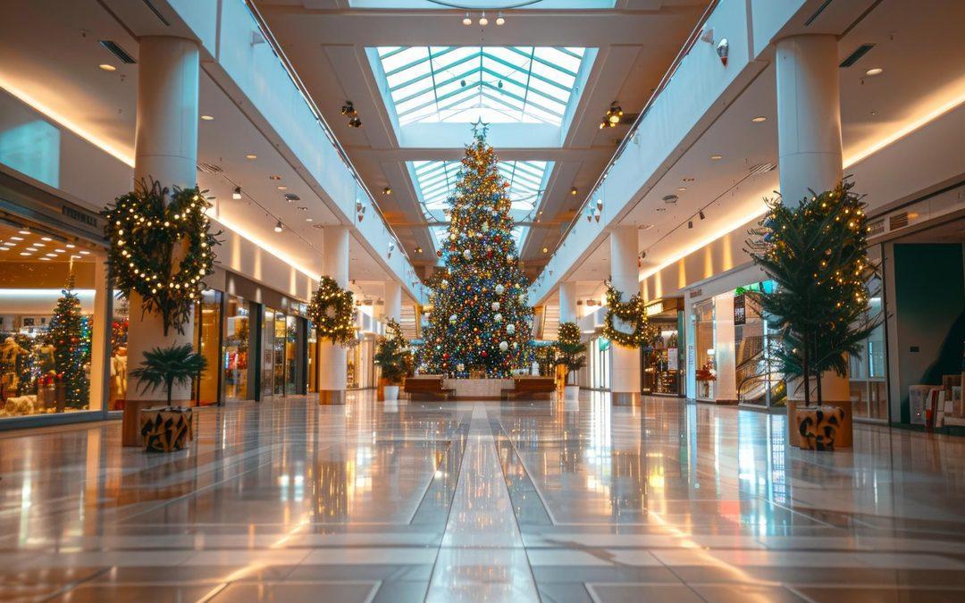 Interior de um shopping center decorado para o Natal, com uma grande árvore iluminada no centro, guirlandas nas colunas e iluminação festiva ao longo dos corredores.