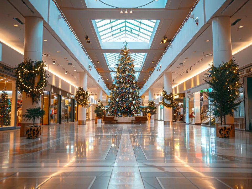 Interior de um shopping center decorado para o Natal, com uma grande árvore iluminada no centro, guirlandas nas colunas e iluminação festiva ao longo dos corredores.