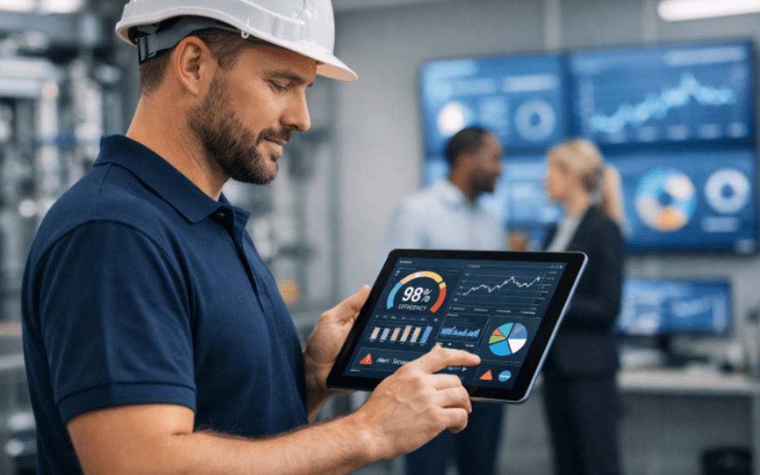 Profissional de manutenção industrial utiliza tablet com dashboards de monitoramento para acompanhar indicadores de desempenho em ambiente operacional.