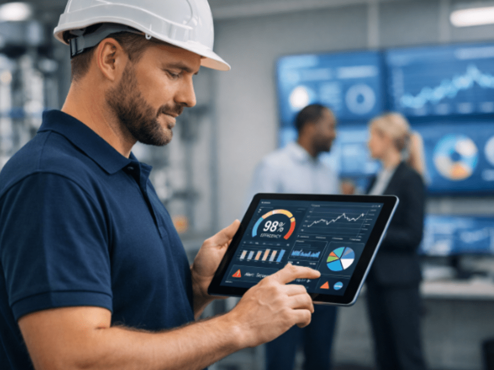Profissional de manutenção industrial utiliza tablet com dashboards de monitoramento para acompanhar indicadores de desempenho em ambiente operacional.