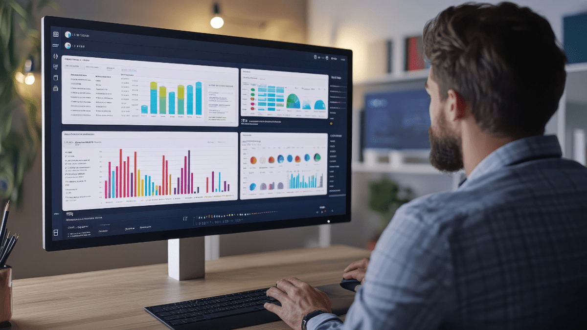 Homem analisa gráficos em monitor grande com dashboard de dados.