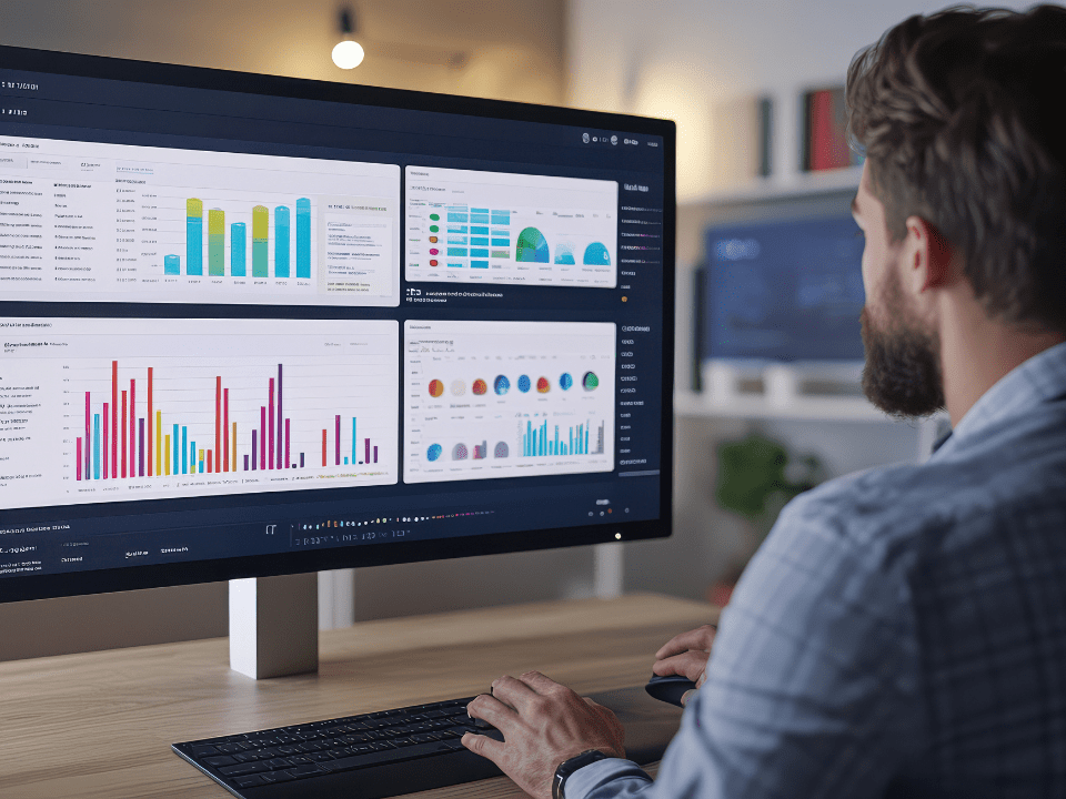 Homem analisa gráficos em monitor grande com dashboard de dados.