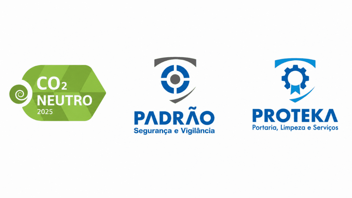 Selo CO₂ Neutro 2025 ao lado das marcas Padrão Segurança e Vigilância e Proteka, destacando o compromisso das empresas com práticas sustentáveis.