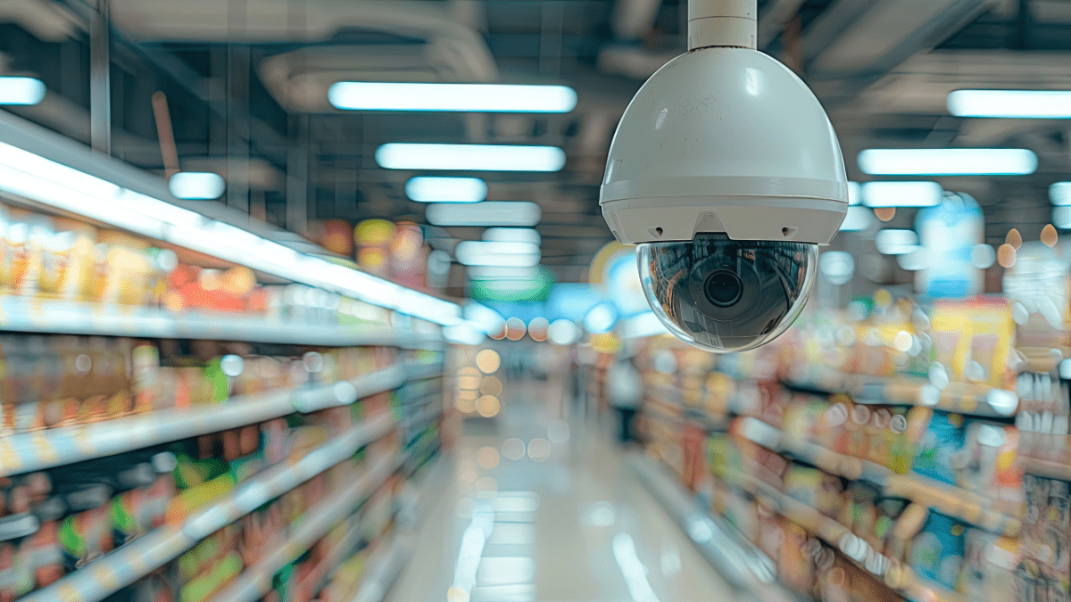 Câmera de segurança instalada no teto de um supermercado monitora os corredores e áreas de circulação.