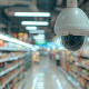 Câmera de segurança instalada no teto de um supermercado monitora os corredores e áreas de circulação.