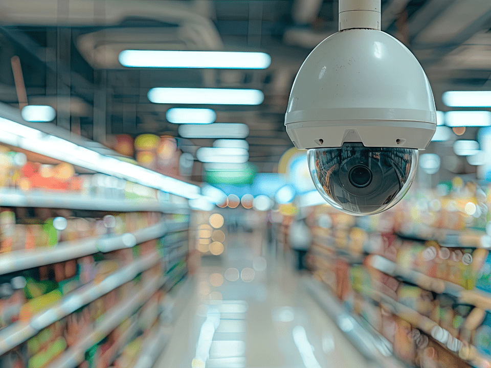 Câmera de segurança instalada no teto de um supermercado monitora os corredores e áreas de circulação.